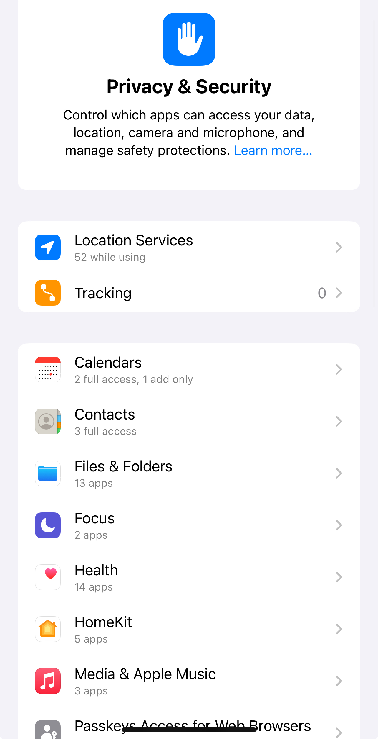 Privacy and security tracking settings